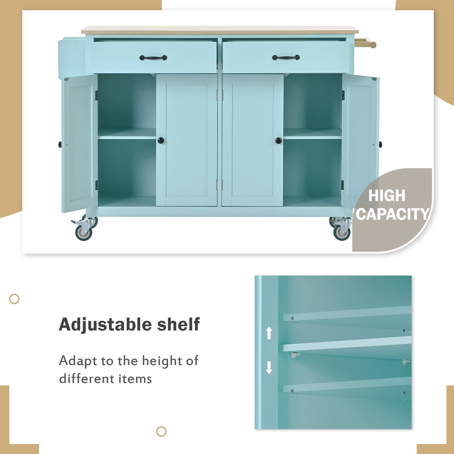 Kitchen Island Cart with 4-Door Cabinet, 2 Drawers, and Locking Wheels, Solid Wood Top in Mint Green