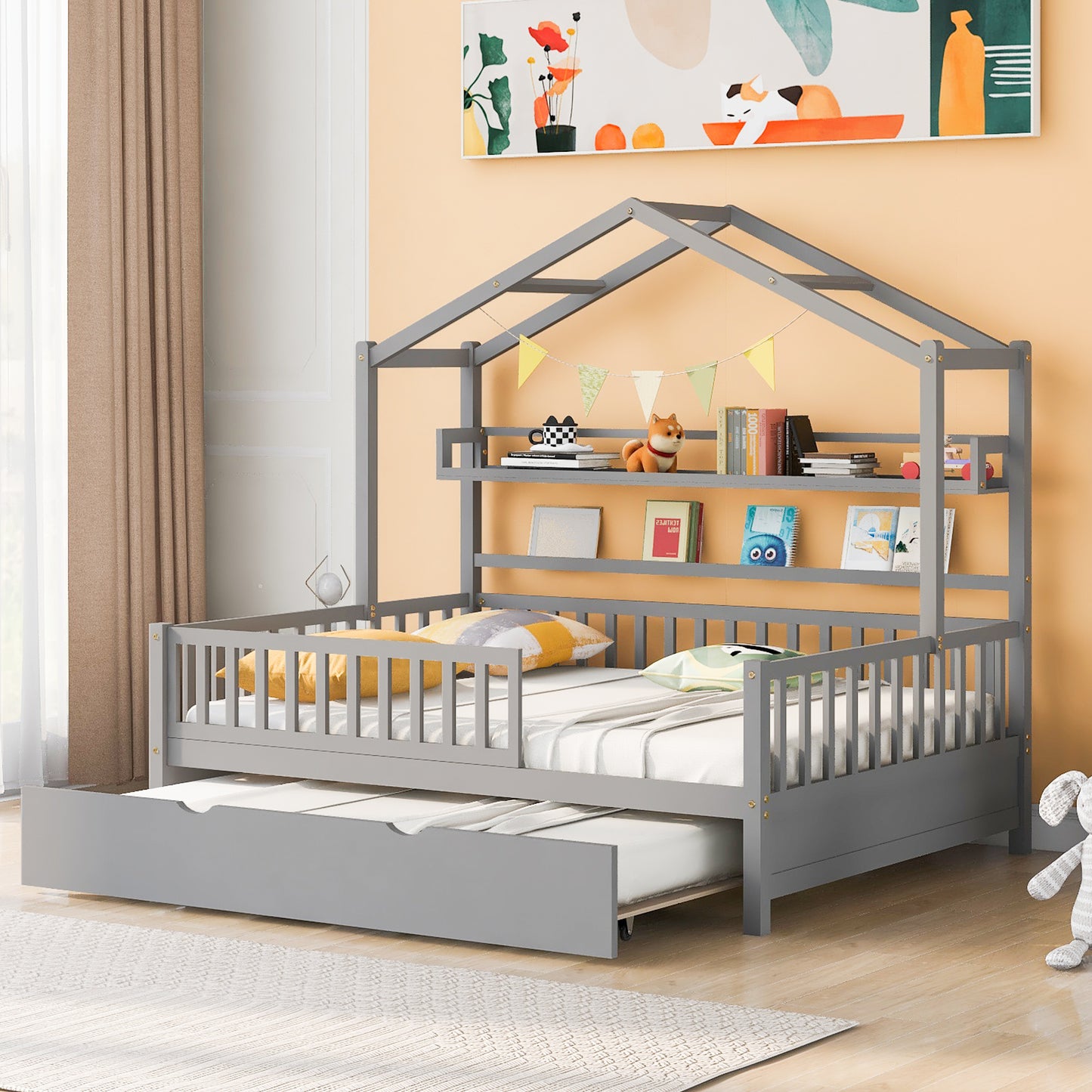 Wooden Full Size House Bed with Twin Size Trundle Kids Bed with Shelf Gray