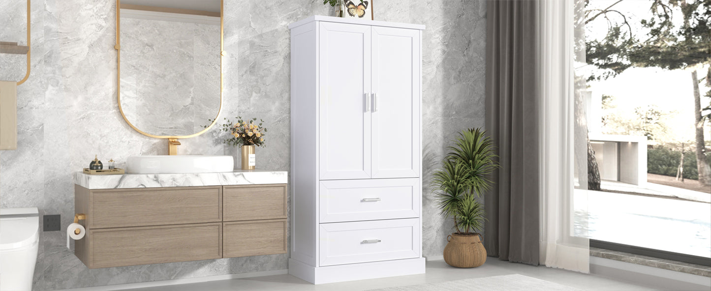 Tall Bathroom Storage Cabinet with Two Doors and Drawers, Adjustable Shelf, MDF Board, White Finish