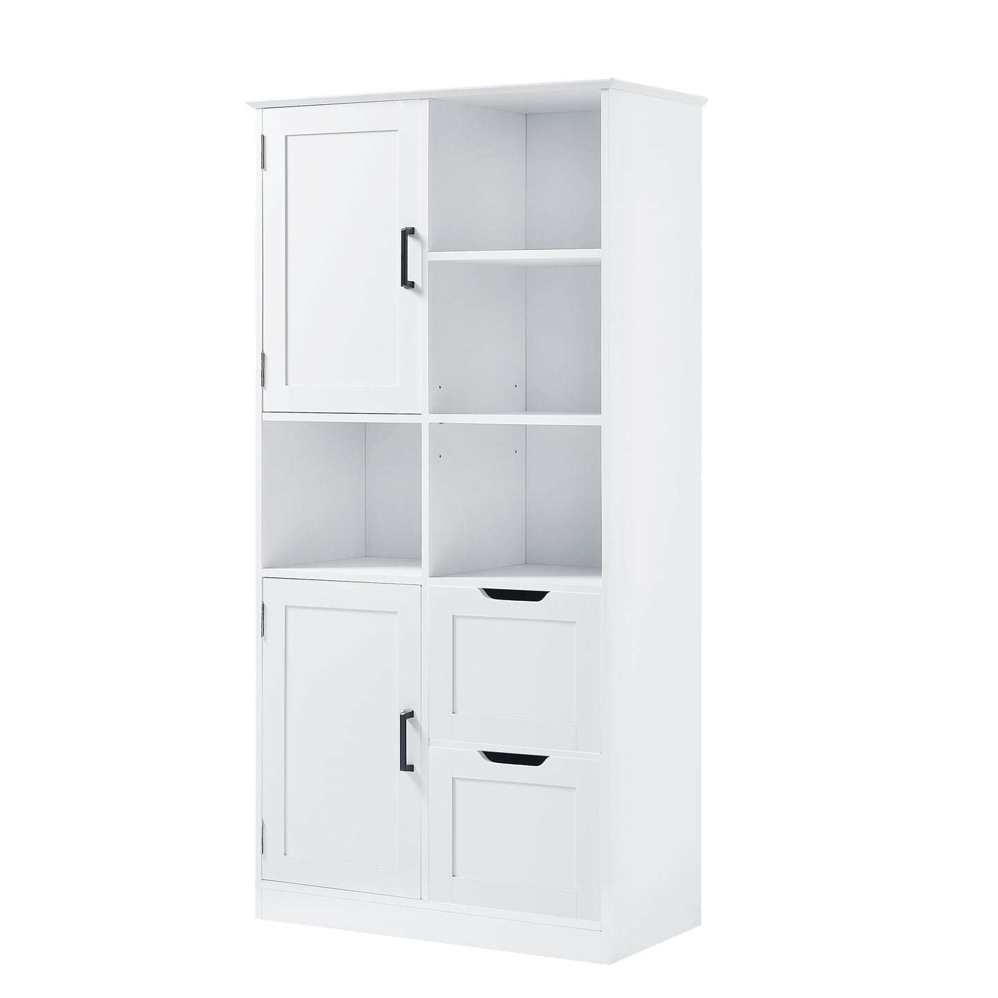 Bathroom storage cabinet with doors and drawers, multiple storage spaces, independent, open adjustable shelves, white