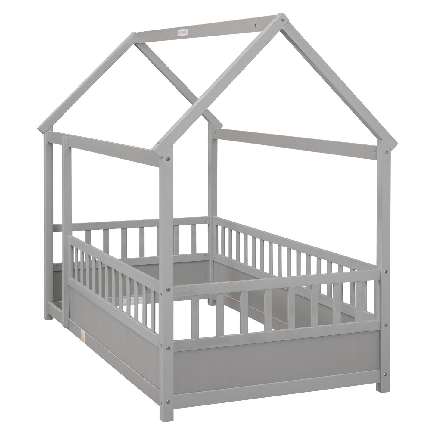 Twin Size Floor Wooden Bed with House Roof Frame Fence Guardrails Grey