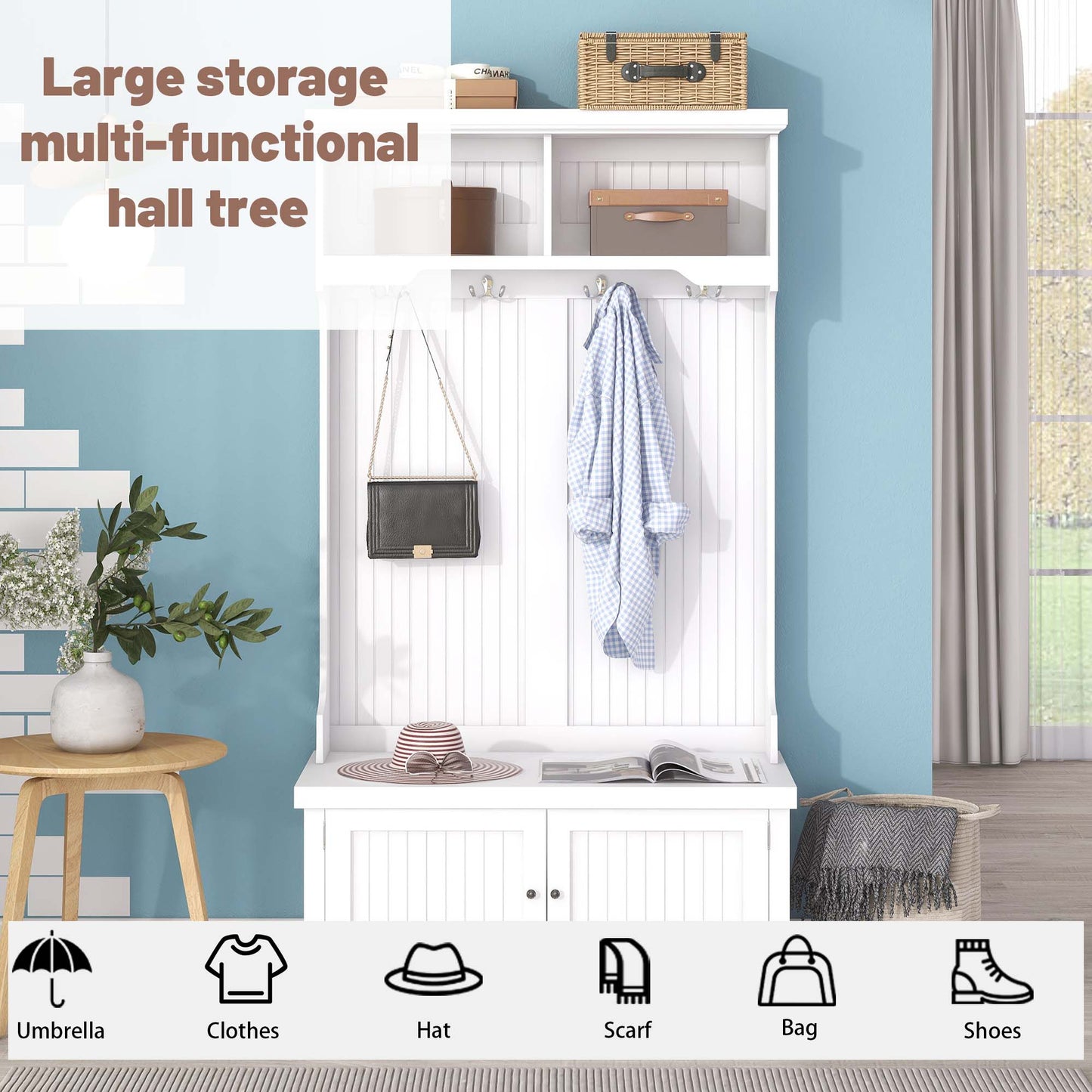 Hall Tree with Storage Shoe Bench, 4-in-1 Design with Coat Racks and 4 Hooks, White Finish