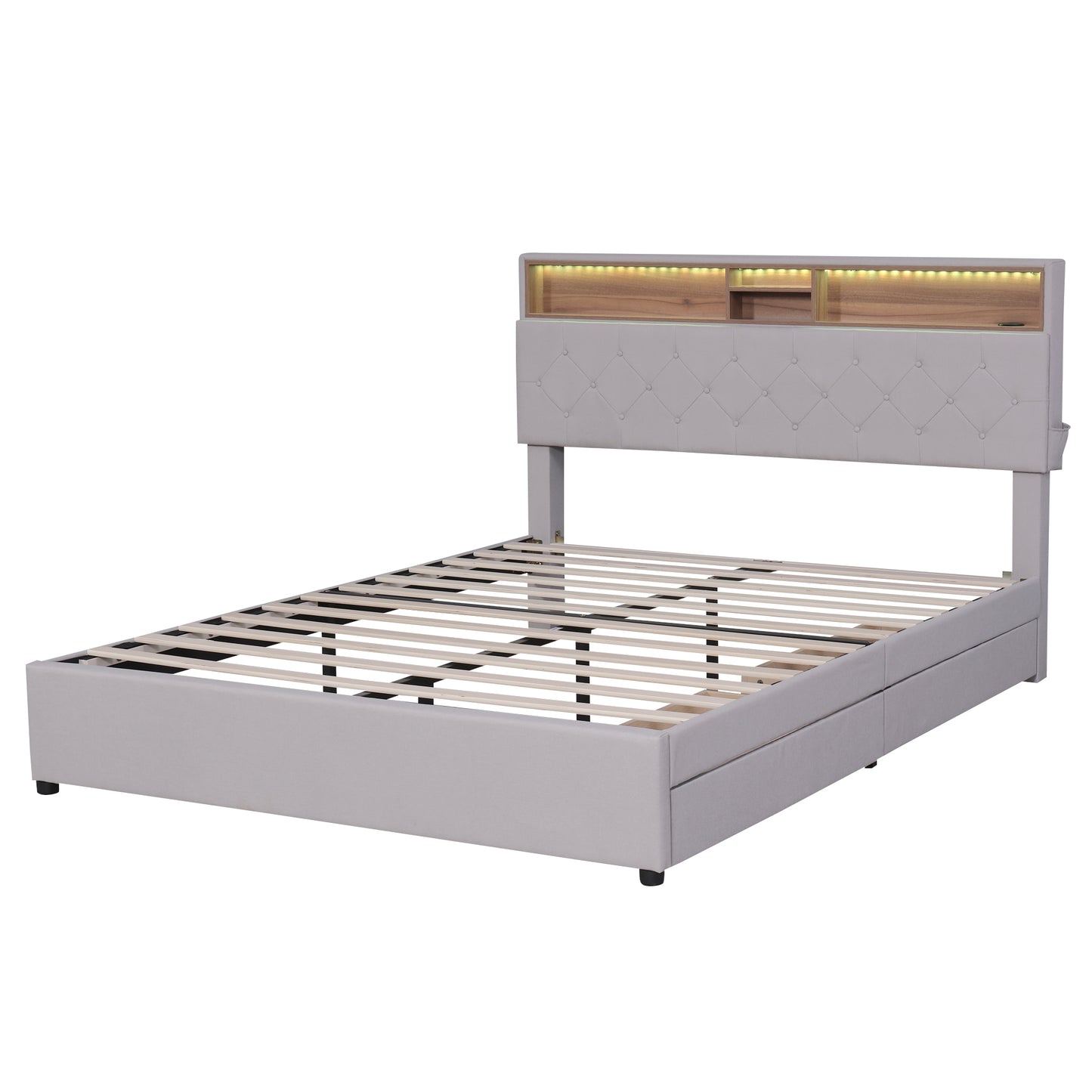 Cama tamaño queen tapizada con plataforma, cabecero con espacio de almacenamiento, luces LED, carga USB y 2 cajones, color beige