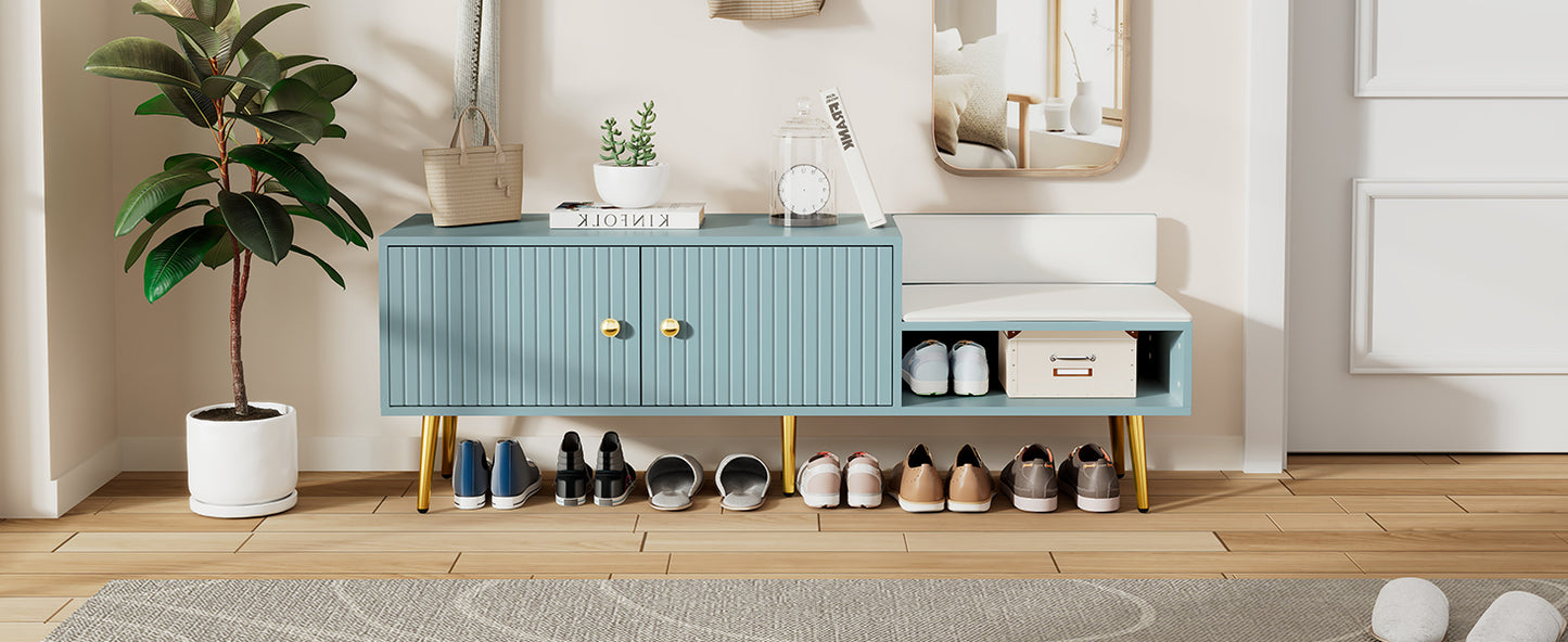 Modern Shoe Storage Bench with Hidden Storage and Upholstered Cushions, Tiffany Blue Finish