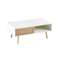 Rattan Coffee table sliding door for storage solid wood legs White