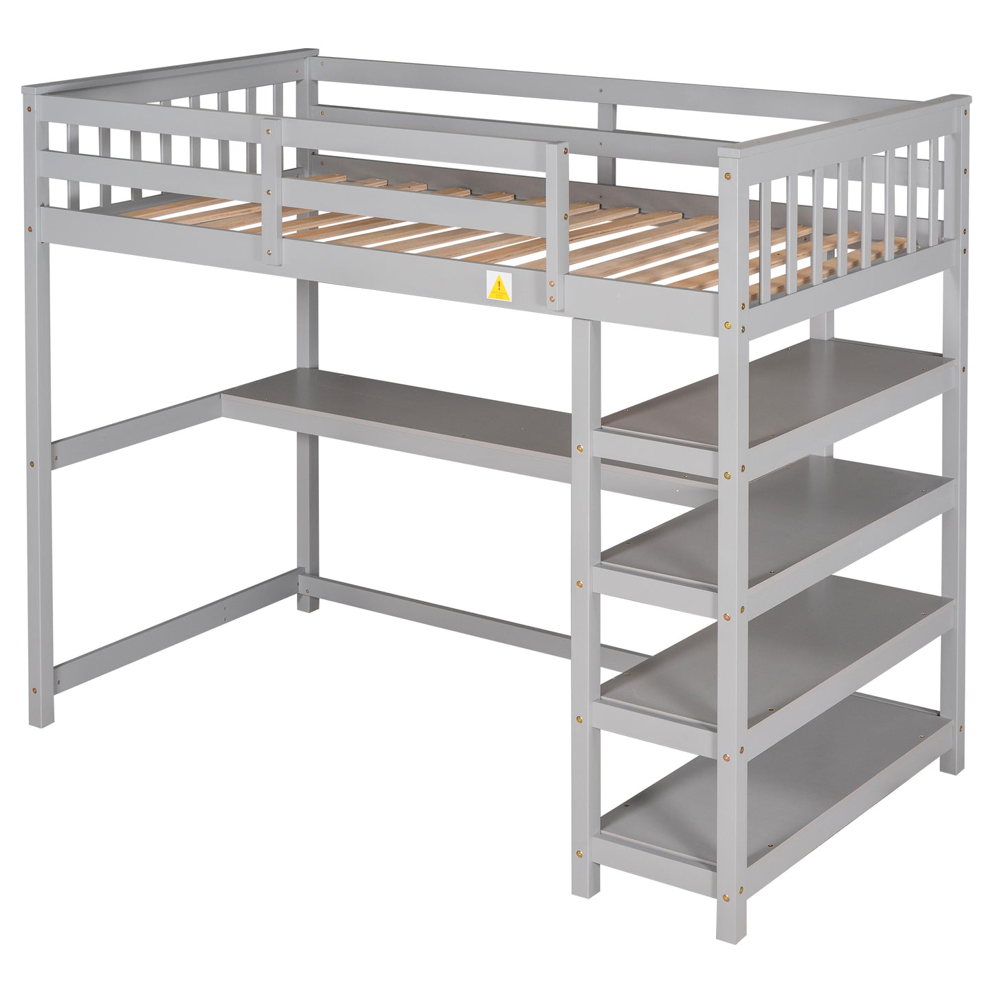 Twin Size Loft Bed with Storage Shelves and Under-bed Desk Gray