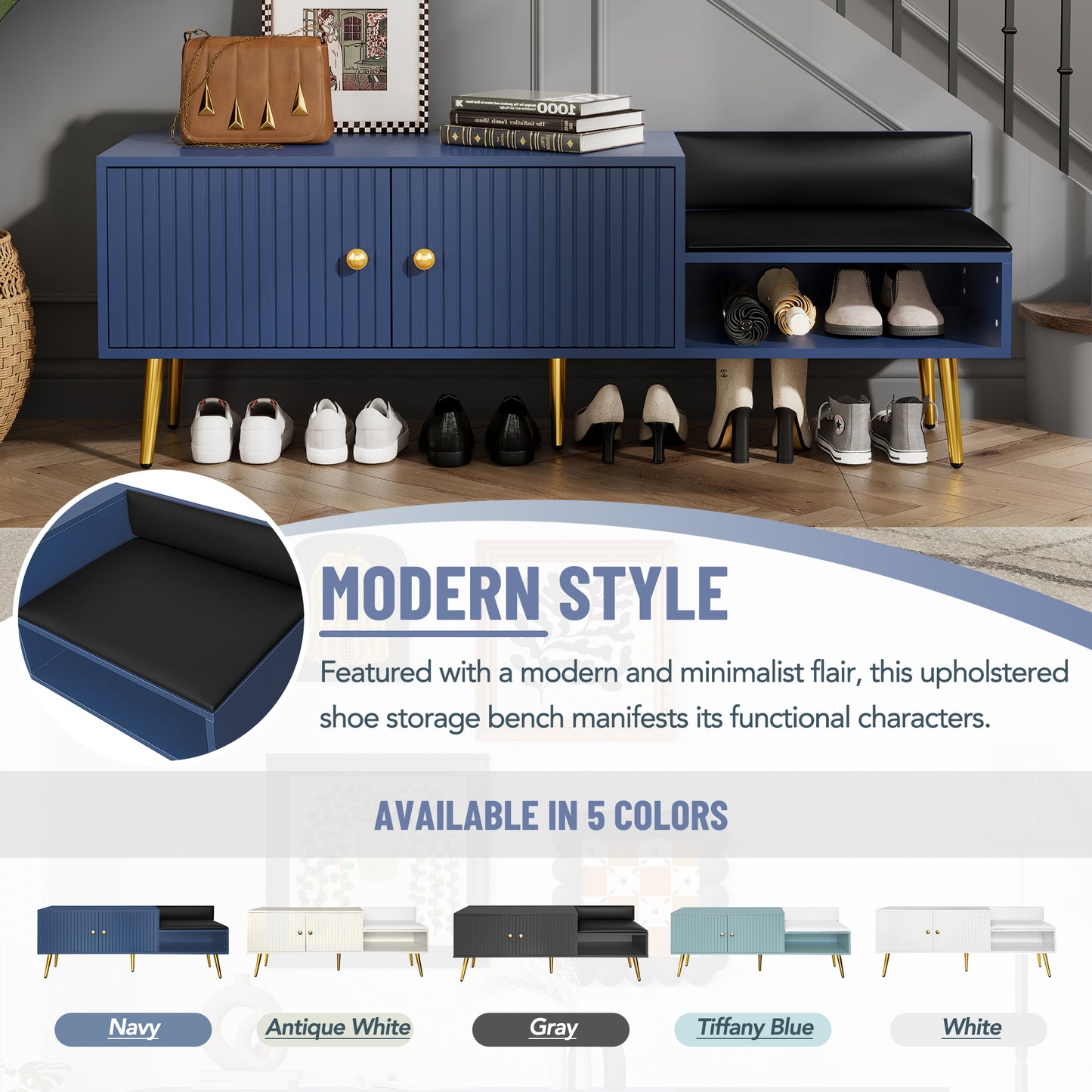 Modern Shoe Storage Bench with Hidden Storage and Upholstered Cushions, Navy Finish