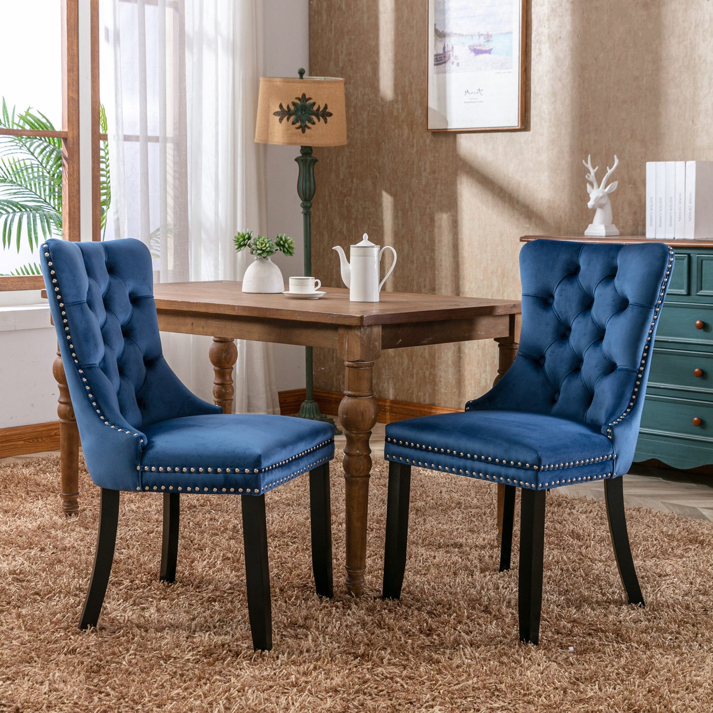 High-end Tufted Solid Wood Contemporary Velvet Upholstered Dining Chair with Wood Legs Nailhead Trim 2-Pcs Set Blue