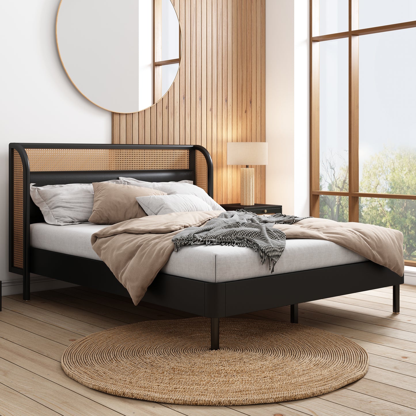 Moderna cama tamaño queen con plataforma de madera de ratán Cannage, acabado negro para dormitorios elegantes