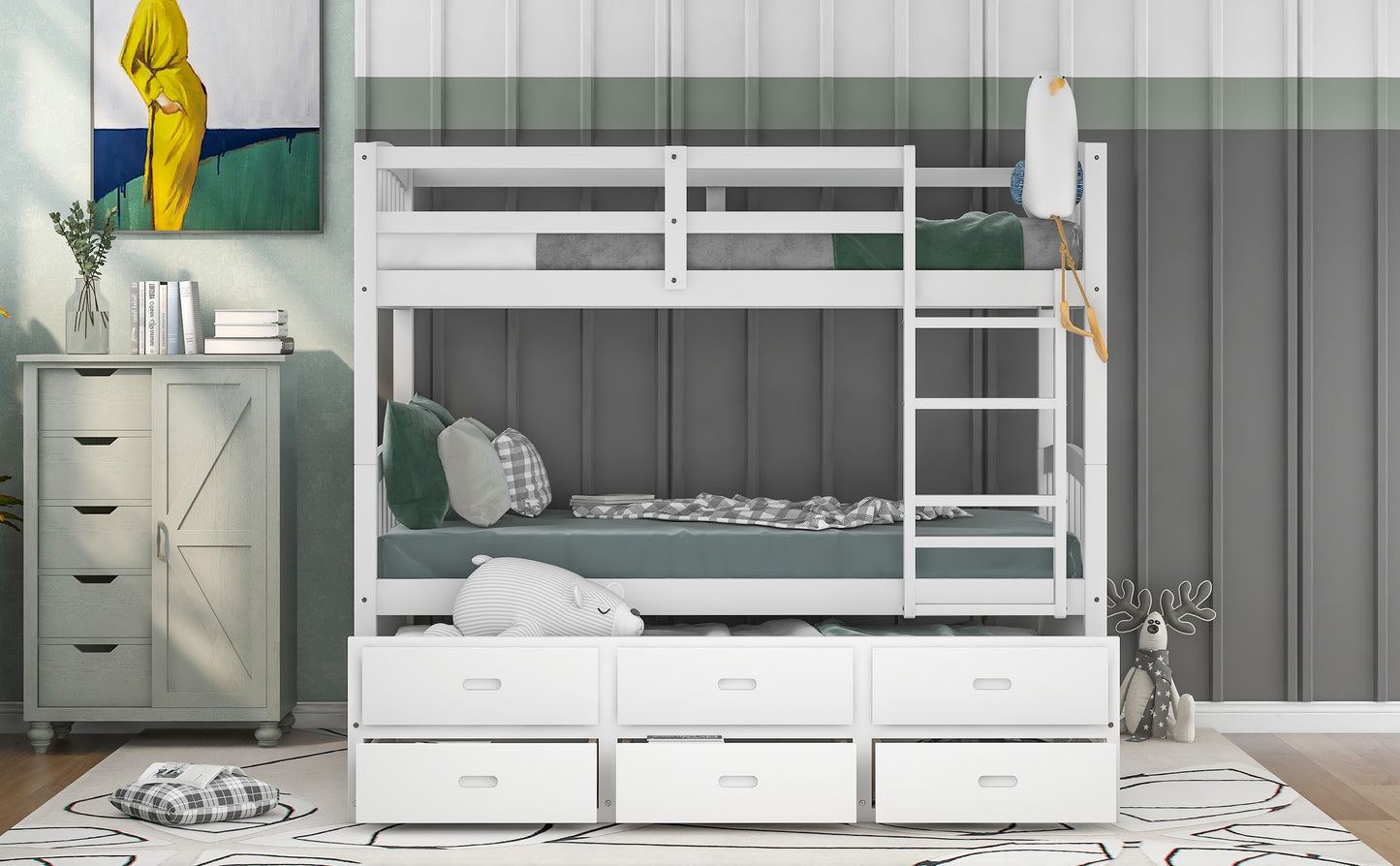 Twin over Twin Wood Bunk Bed with Trundle and Drawers White