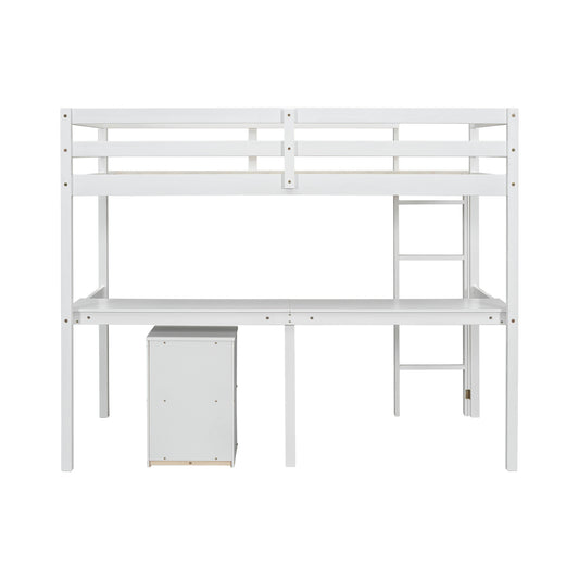 Twin Loft Wood Bed with Built-In Desk, Storage Cabinet, Guardrails, and Ladder, White Finish