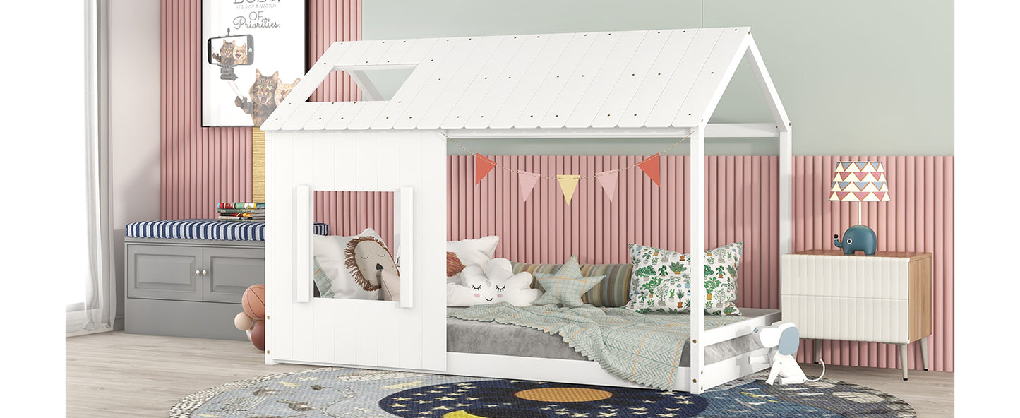 Twin Size House Bed with Roof and Window - White