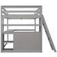 Full Size Loft Bed with Desk and Shelves,Two Built-in Drawers Gray