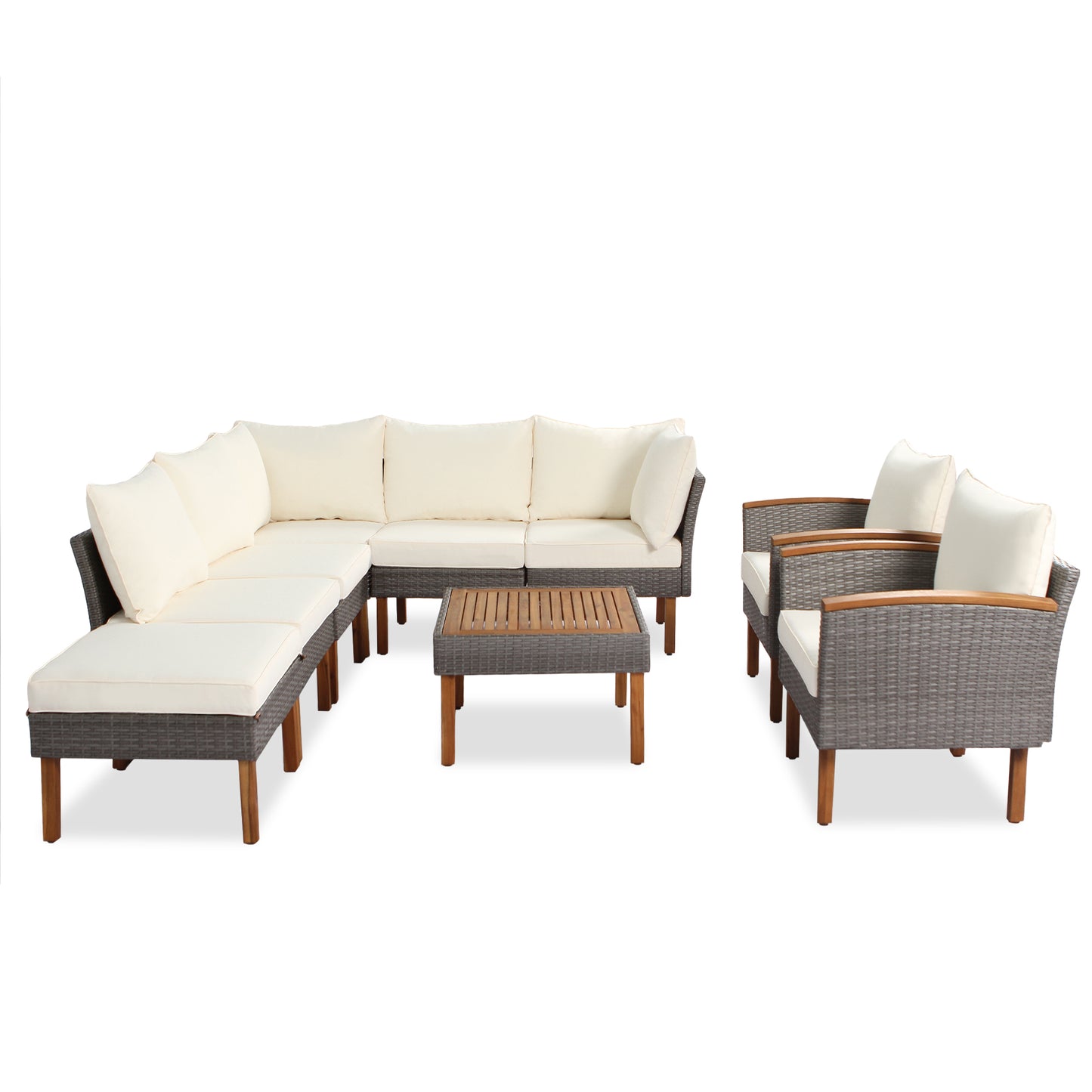 Juego de muebles de ratán para patio de 9 piezas con patas de madera de acacia, cojines lavables y mesa de centro, color beige