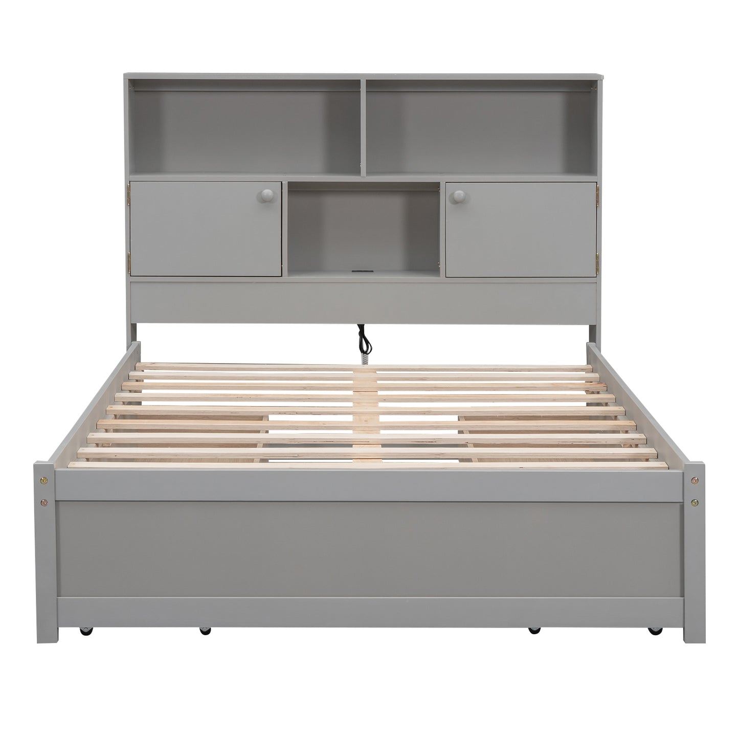 Full Size Platform Bed with Storage Headboard, Charging Station and 4 Drawers, Gray