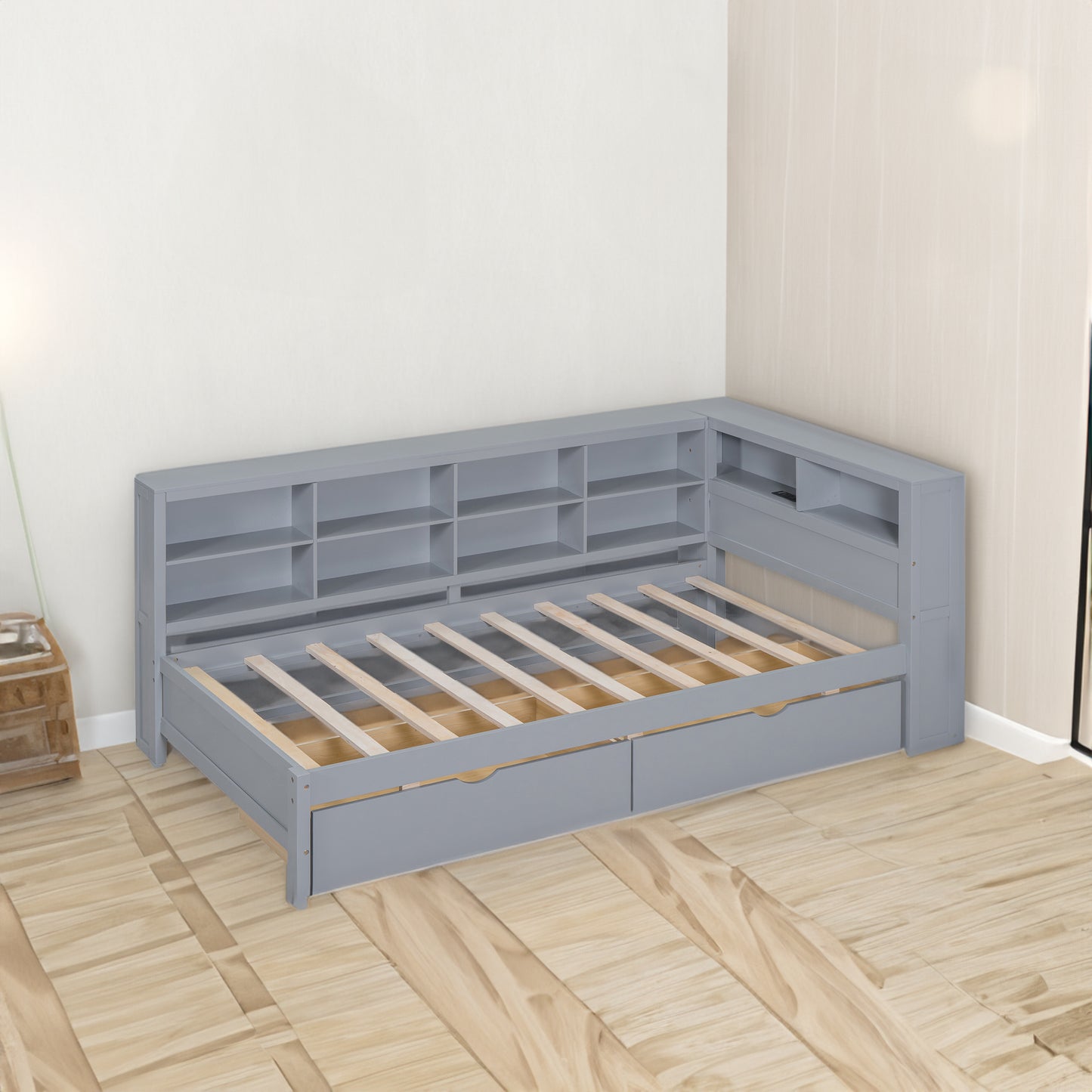 Wooden Twin Size DayBed with 2 Drawers, DayBed with Storage Shelf and USB Charging Ports,Grey