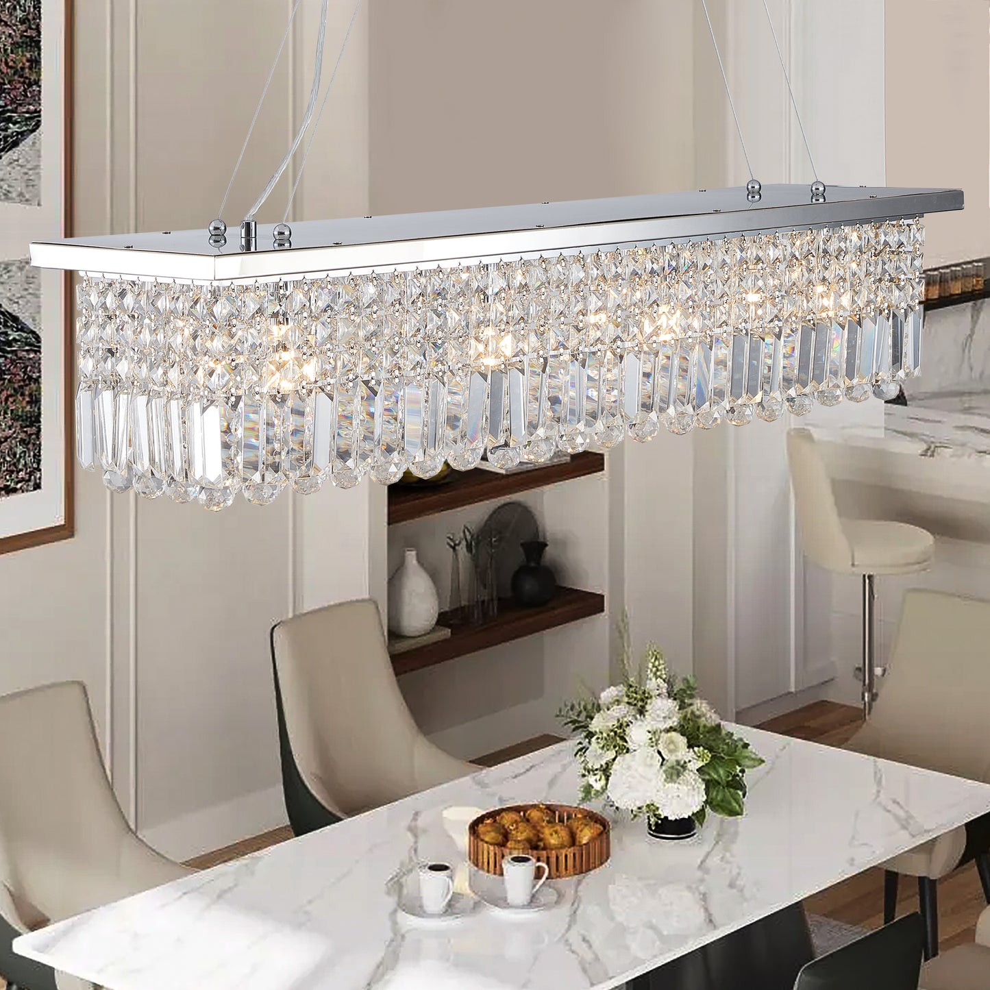 Modern Crystal Chandelier for Dining Room 8-Light White Rectangle Raindrop L39.4'' x W9.8'' x H8.7'(Bulb Not Included)