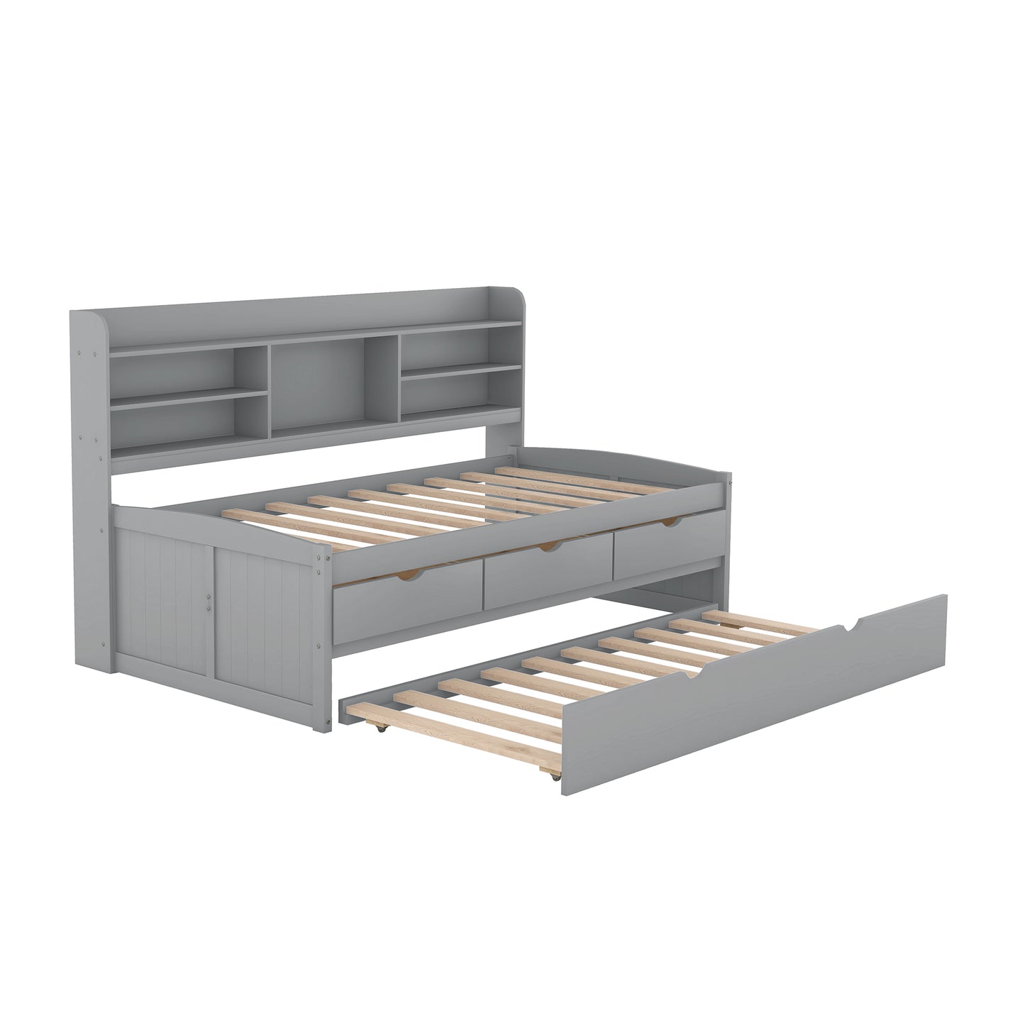 Twin Size Wooden Captain Bed with Built-in Bookshelves,Three Storage Drawers and Trundle Light Grey