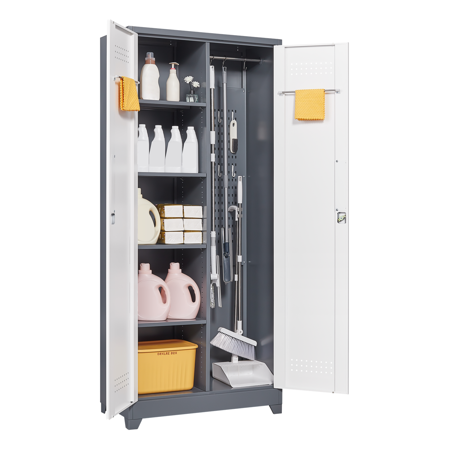 Metal storage cabinets, lockable cleaning tool cabinets, high broom tool organizers, and large storage cabinets in storage store