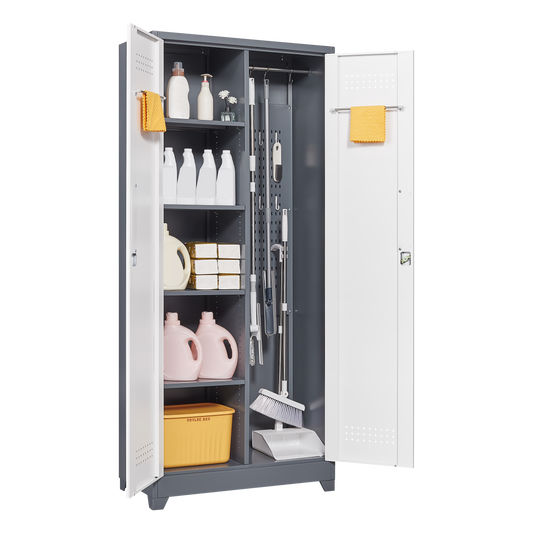 Metal storage cabinets, lockable cleaning tool cabinets, high broom tool organizers, and large storage cabinets in storage store