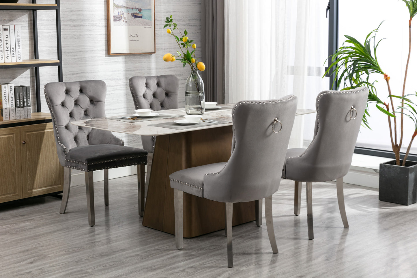 High end tufted solid wood velvet soft cushion dining chair chrome plated leg nail decoration gray and chrome two-piece set