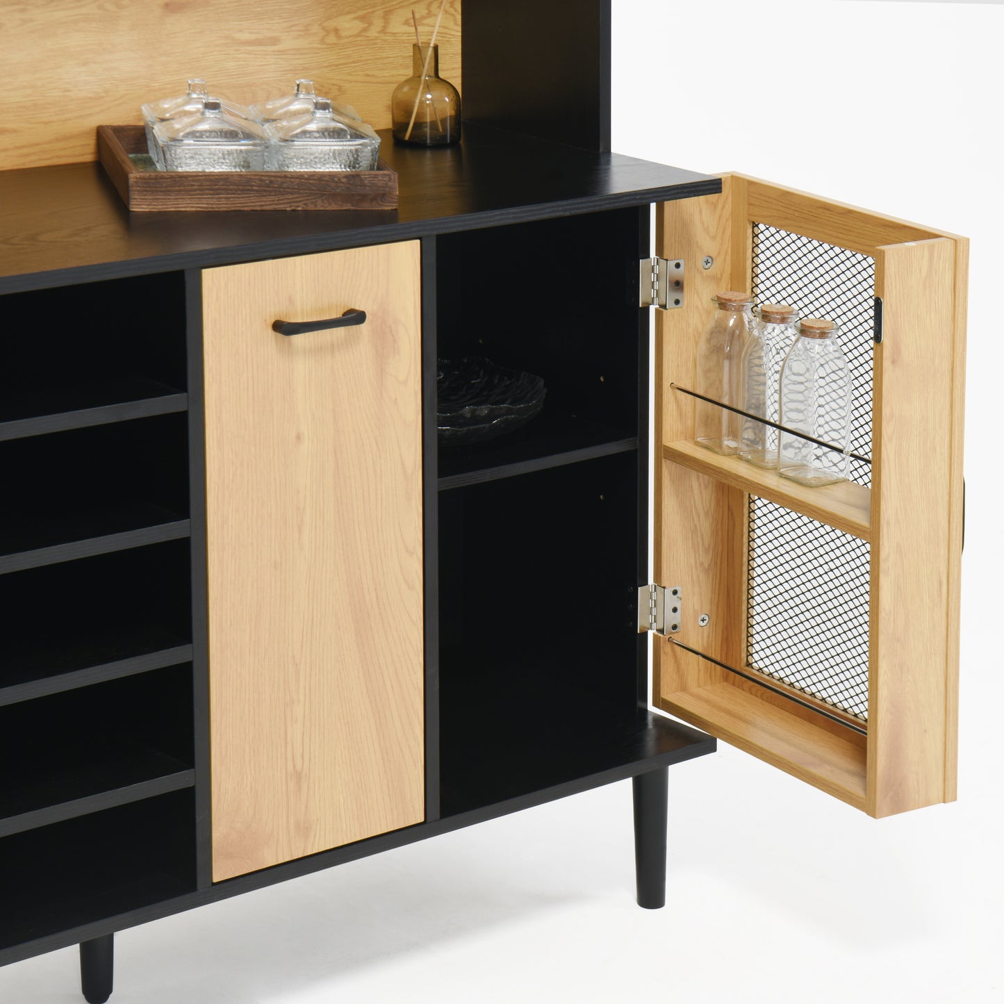 buffet side cabinet with storage door and power outlet, coffee bar cabinet with wine rack, black and natural colors