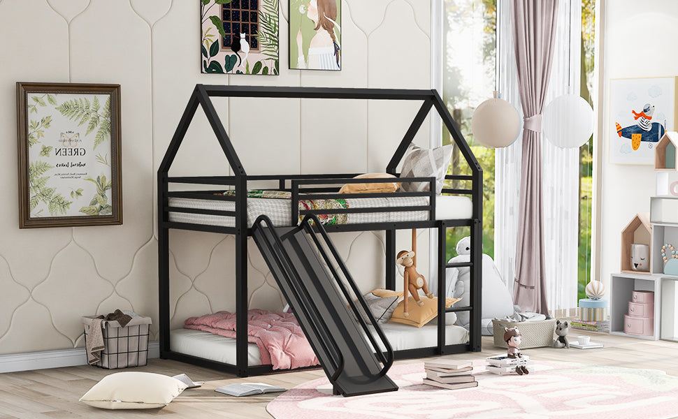 Twin over Twin House Bunk Bed with Ladder and Slide,Black