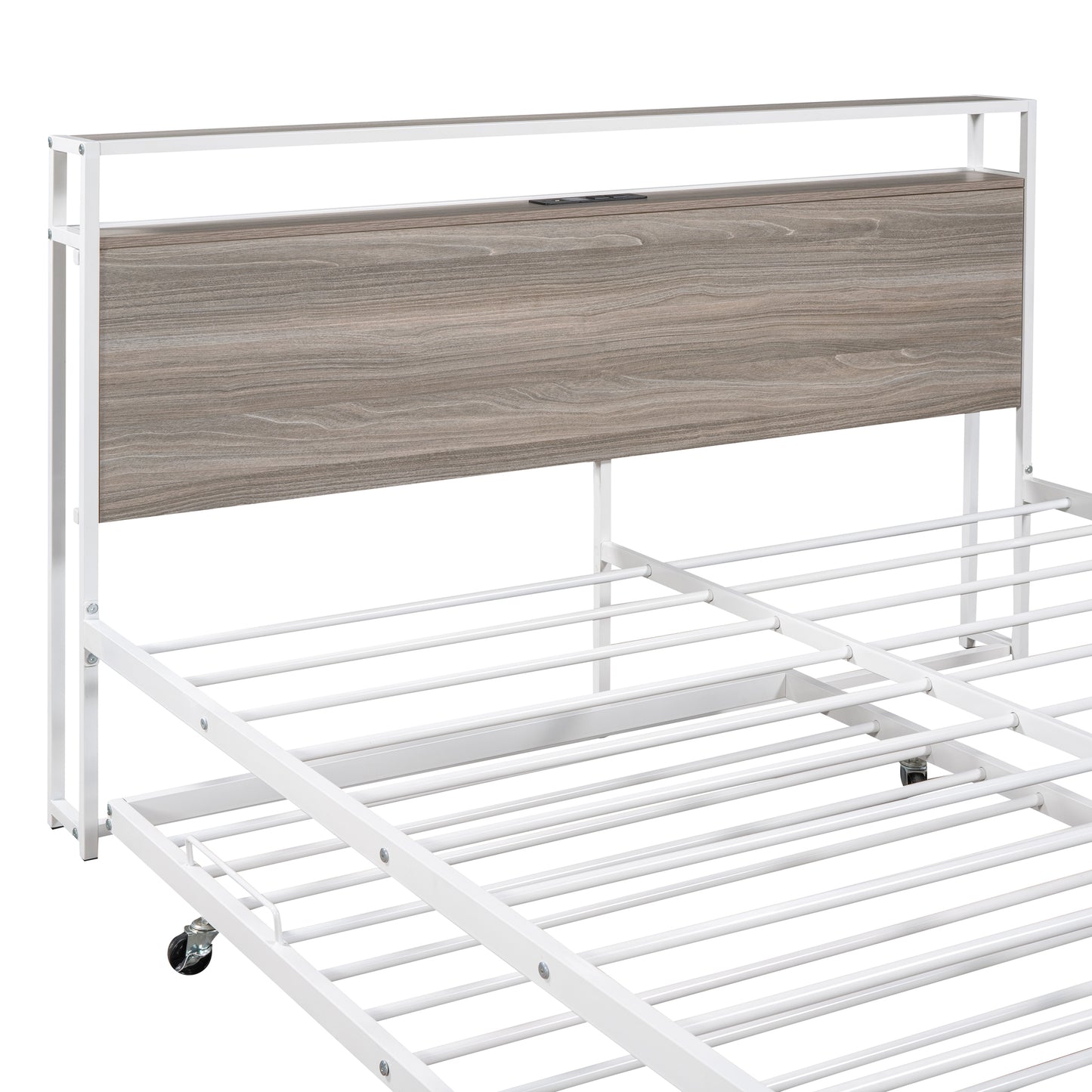 Queen Size Metal Platform Bed Frame with Trundle, USB Ports and Slat Support ,No Box Spring Needed White