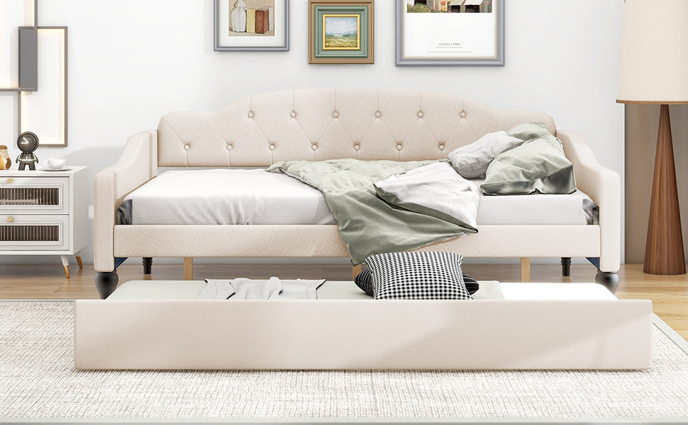 Full Size Upholstered Tufted Daybed with Twin Size Trundle, Beige