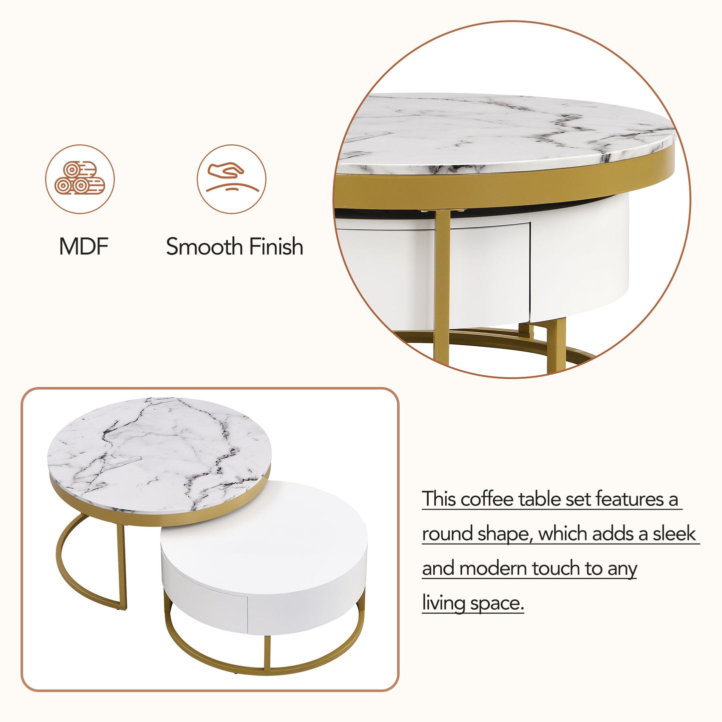 Modern Round Nesting Coffee Table with Drawers, White Finish for Living Rooms