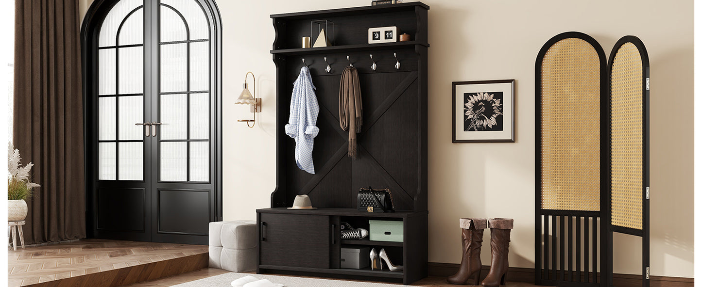 Hall Tree with Roof Rack and Storage Platform, Corridor Shoe Cabinet with Sliding Door and 5 Hooks, Black