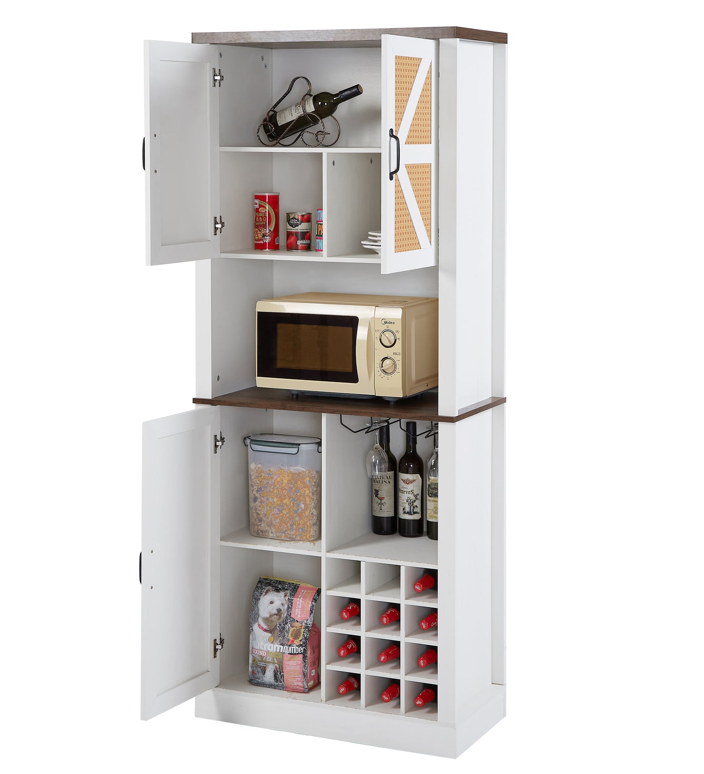 76-Inch Tall Farmhouse Kitchen Faux Rattan Wine Cabinet with Square Compartments and Shelves