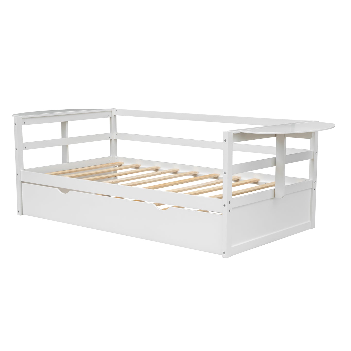 win Size Daybed with Trundle and Foldable Shelves on Both Sides White