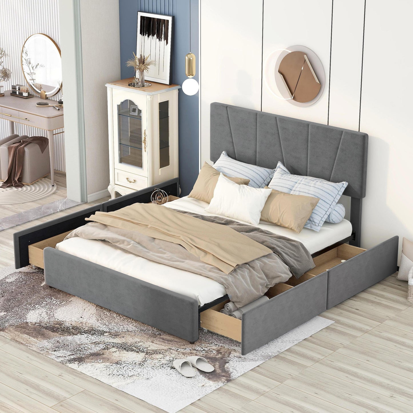 Queen Size Upholstery Platform Bed with Four Drawers on Two Sides  Adjustable Headboard  Grey