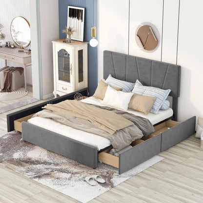 Queen Upholstered Platform Bed with Drawers Gray