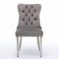 High end tufted solid wood velvet soft cushion dining chair chrome plated leg nail decoration gray and chrome two-piece set