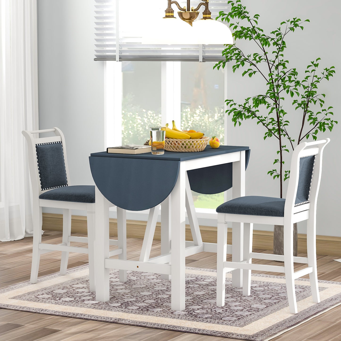 TOPMAX 3-Piece Wood Counter Height Drop Leaf Dining Table Set with 2 Upholstered Dining Chairs for Small Place White+Gray