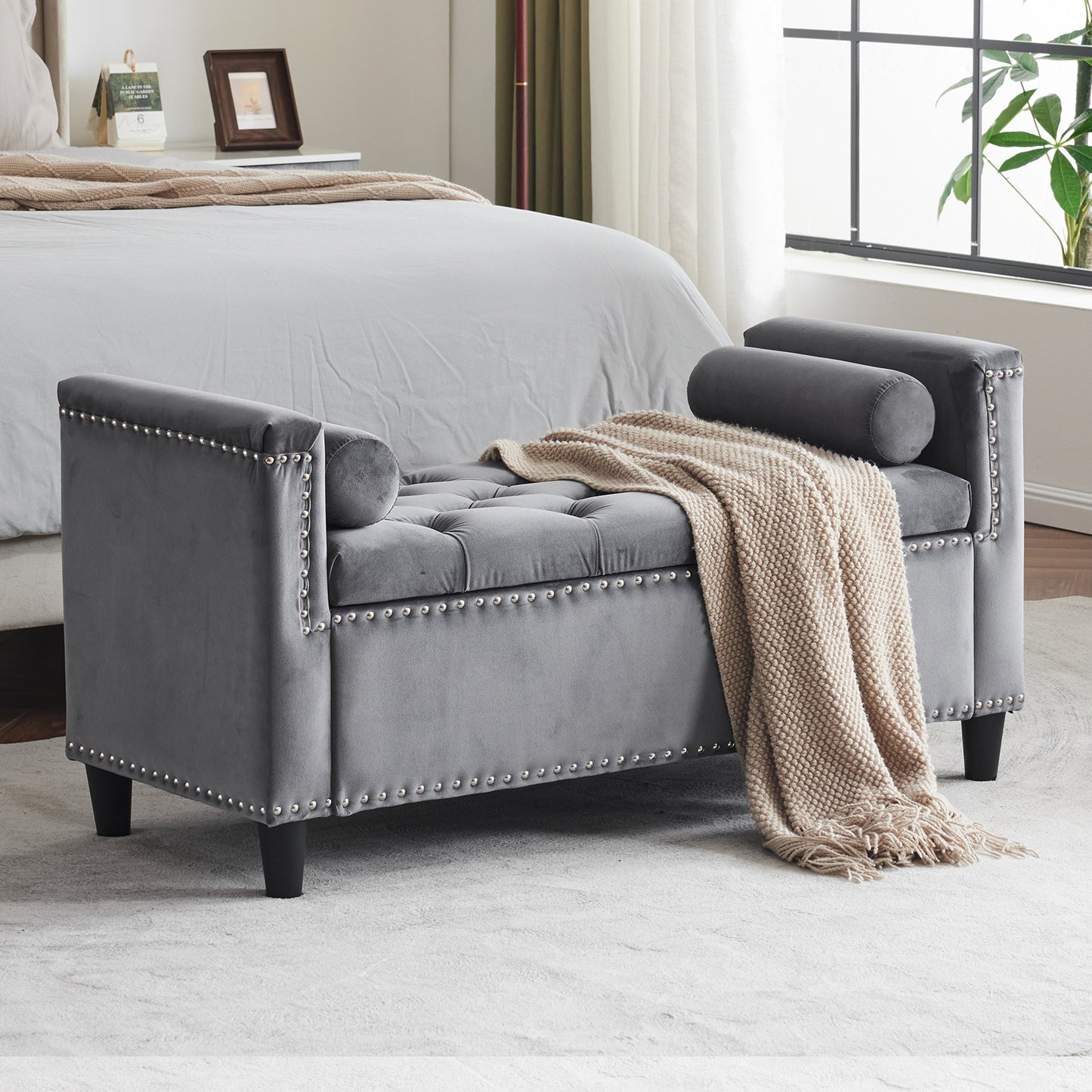 Storage Bench, 44.5-Inch Queen Velvet Button Bedside Bench, Entryway Living Room with Armrests, Nailhead Trim Gray