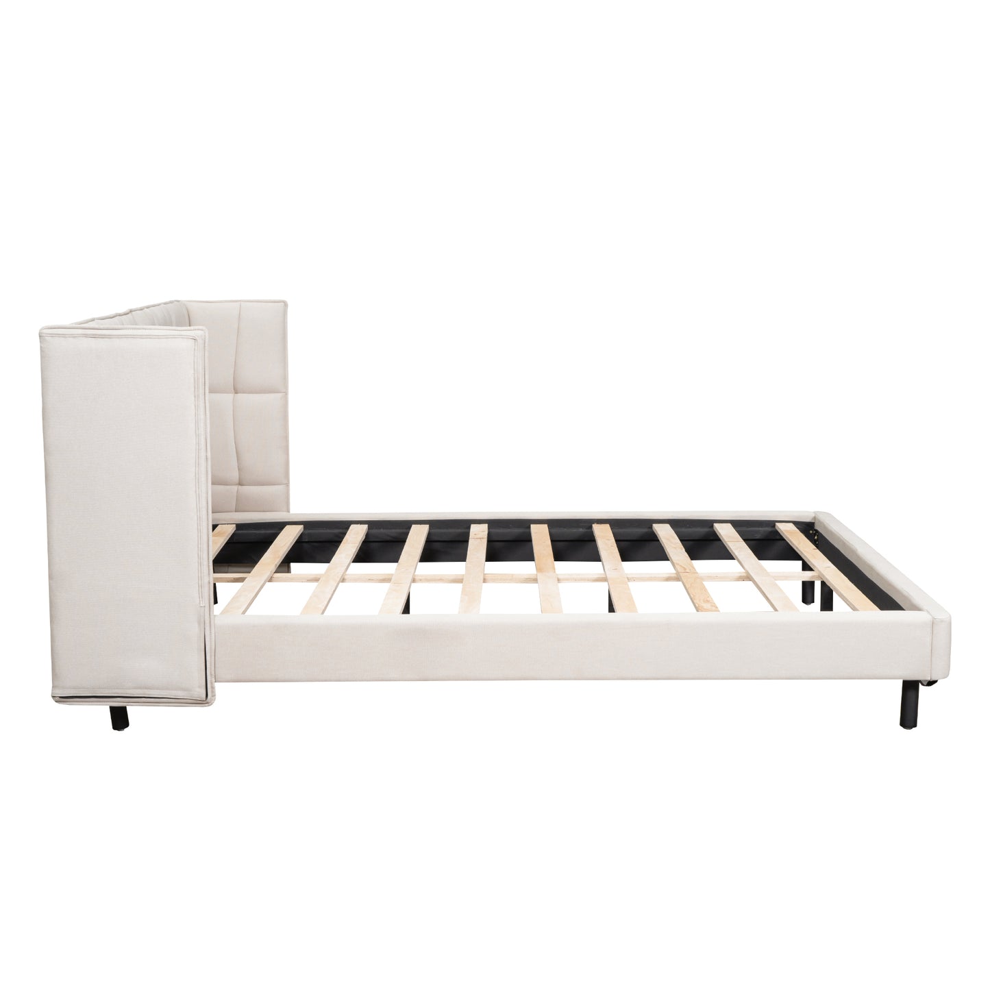 Queen Size Upholstered Platform Bed with LED Lights and U-Shaped Headboard, Linen Fabric, Beige