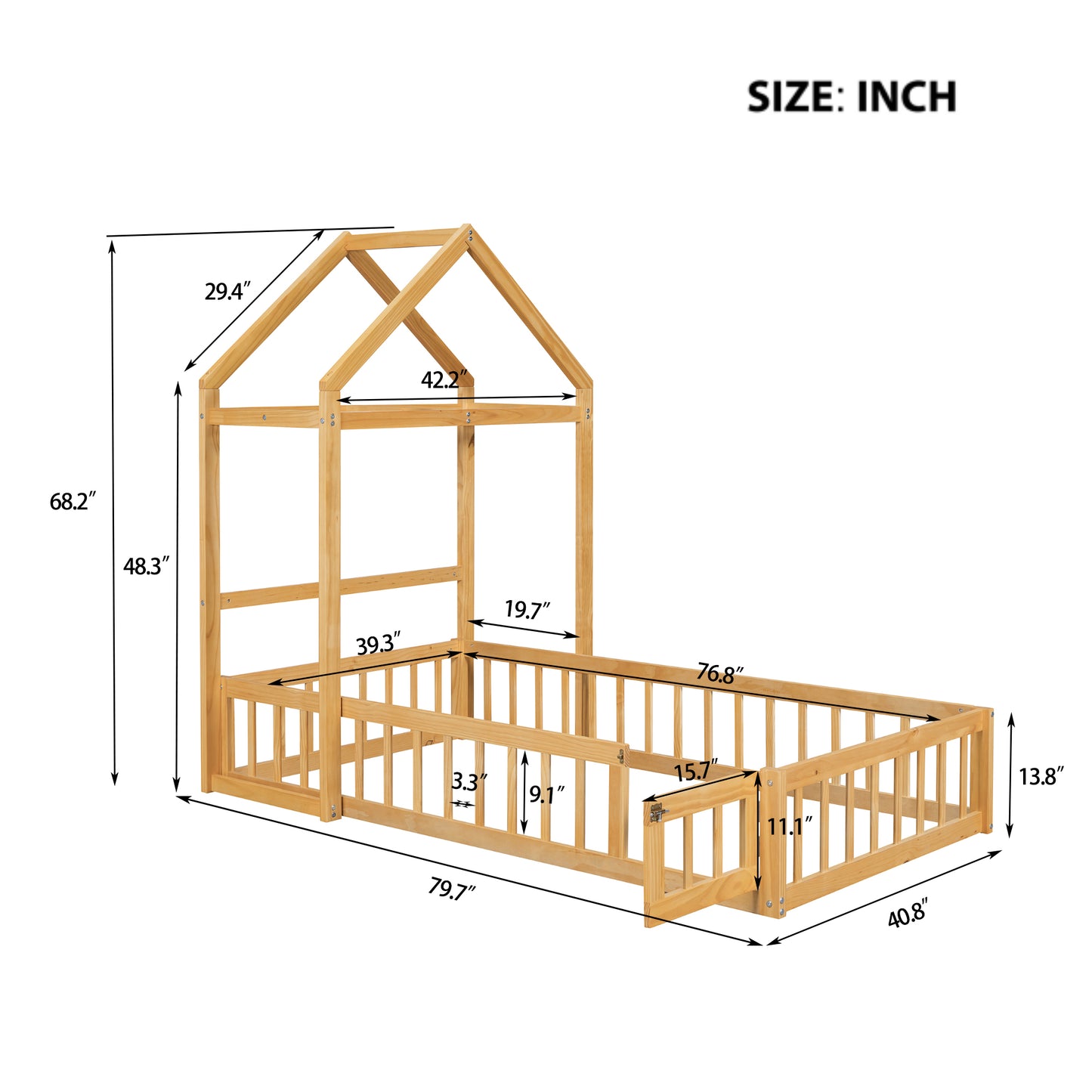 Wooden Twin Size Children's Bed with Detachable Headboard and Integrated Clothes Drying Rack, Natural