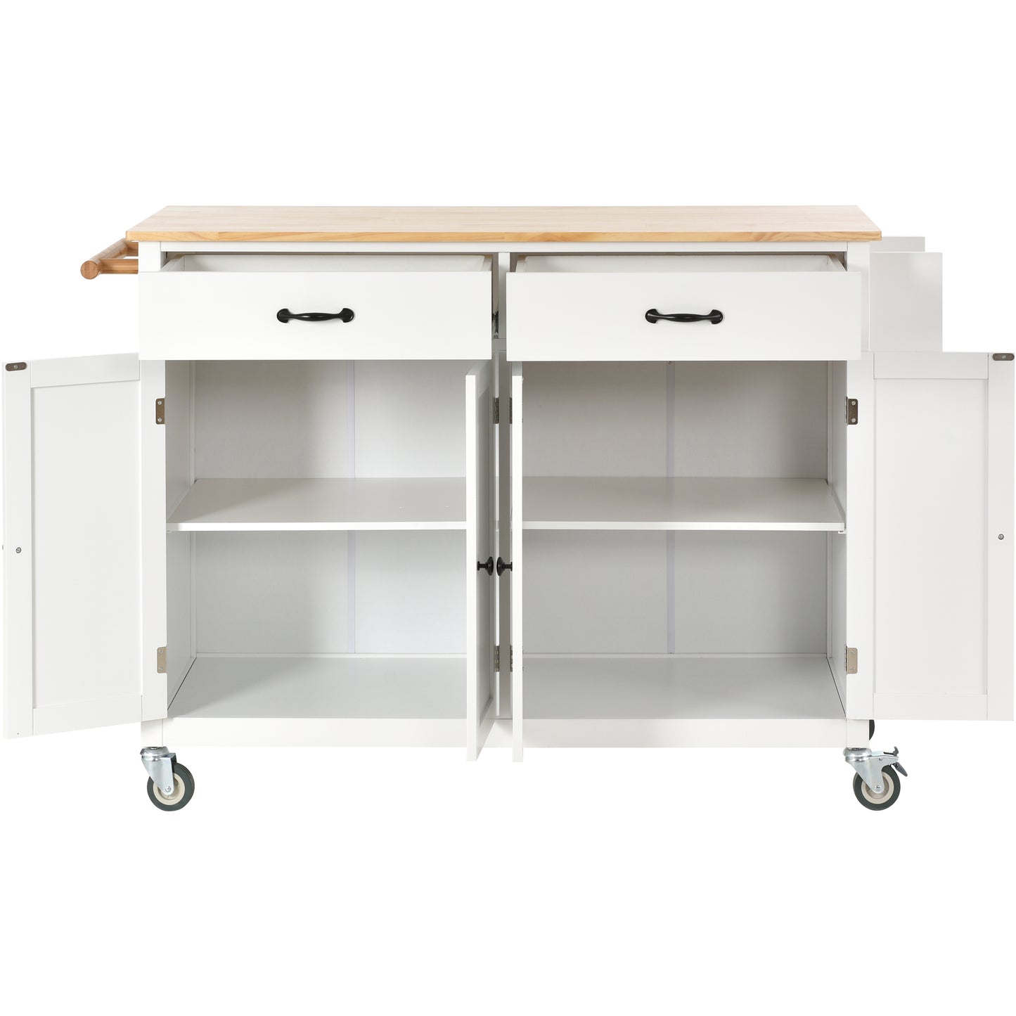 Carrito de cocina con isla con cubierta de madera maciza y ruedas con bloqueo, ancho de 54,3 pulgadas en color blanco