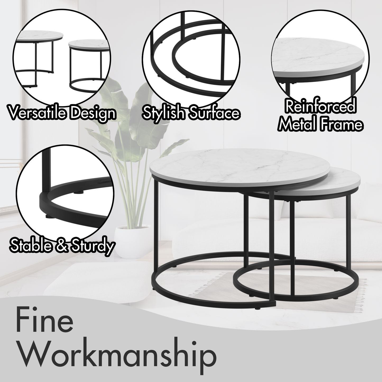 A set of nested 27.6-inch circular coffee tables with a wooden marble patterned tabletop and a sturdy metal frame (white)