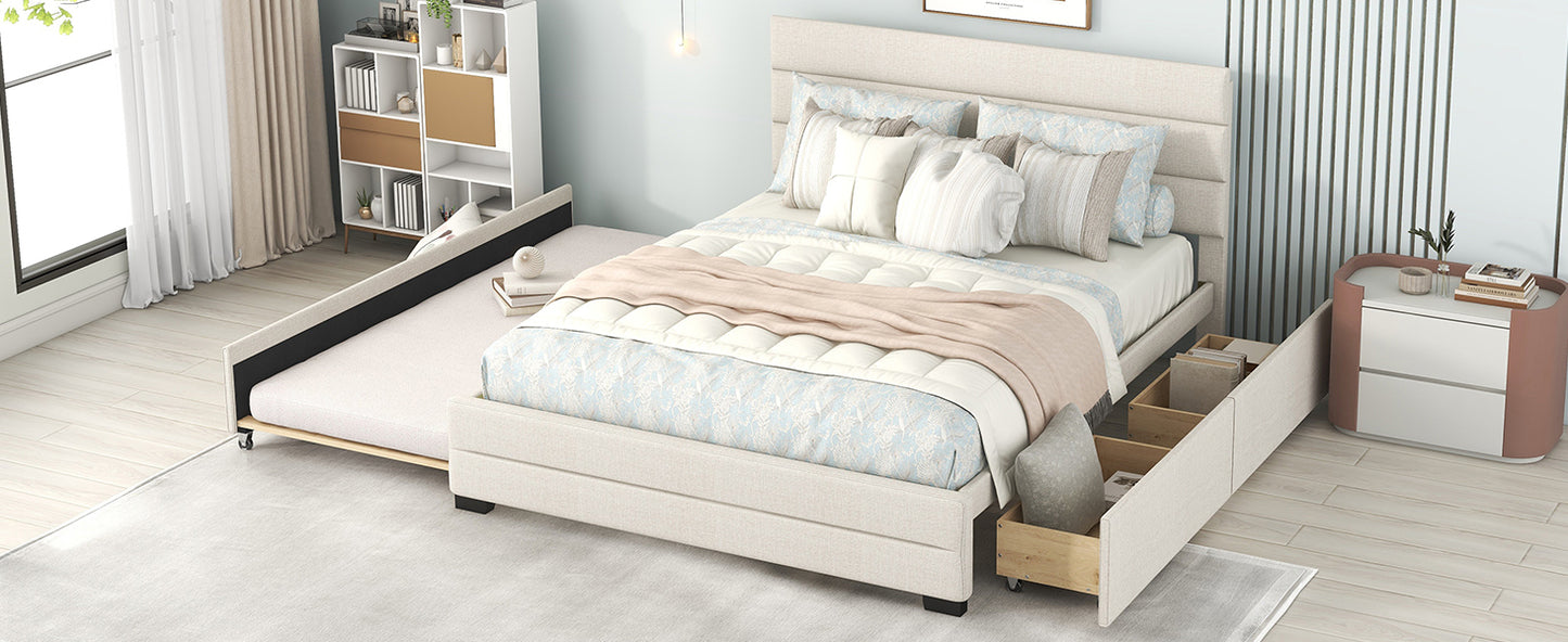 Queen Upholstered Platform Bed with Twin Size Trundle and Two Drawers  Beige