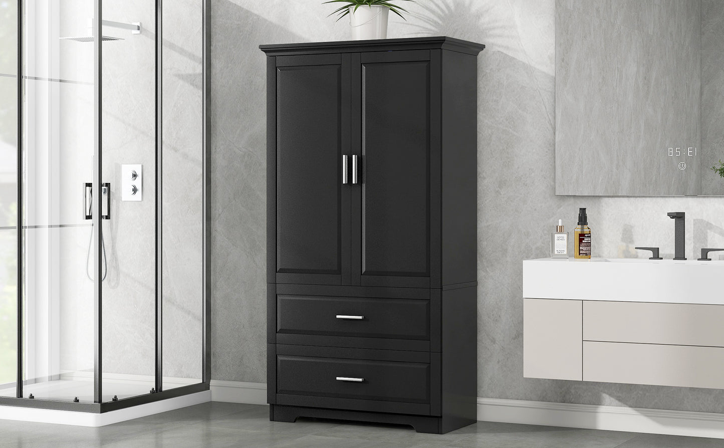 Mueble de baño alto con dos puertas y cajones, estante ajustable, tablero MDF, acabado negro