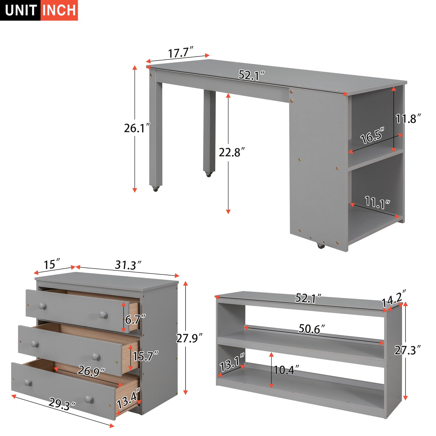 Low Study Full Loft Bed with Cabinet Shelves and Rolling Portable Desk Multiple Functions Bed- Gray