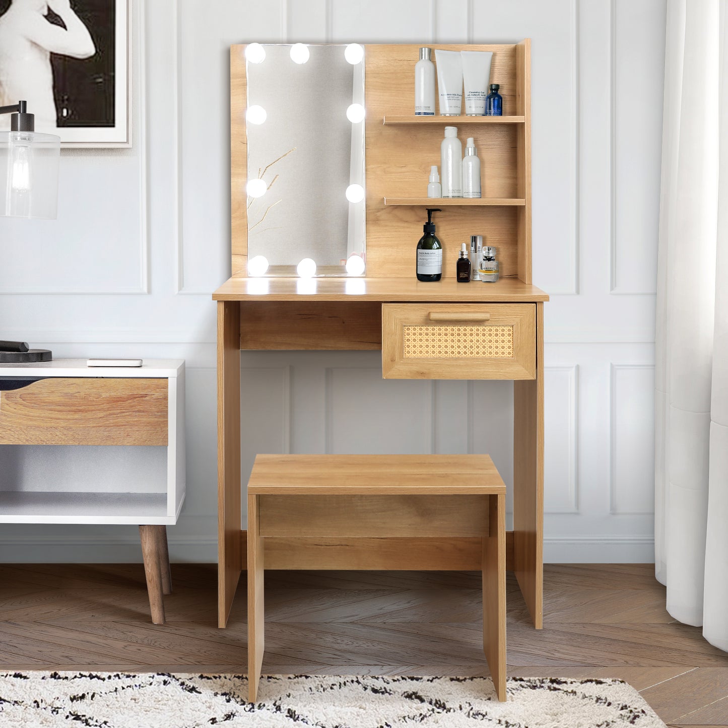 Vanity Desk Set Stool & Dressing Table with LED Lighting Mirror Drawer and Wood Cosmetic Table Chest of Drawers Nature Color