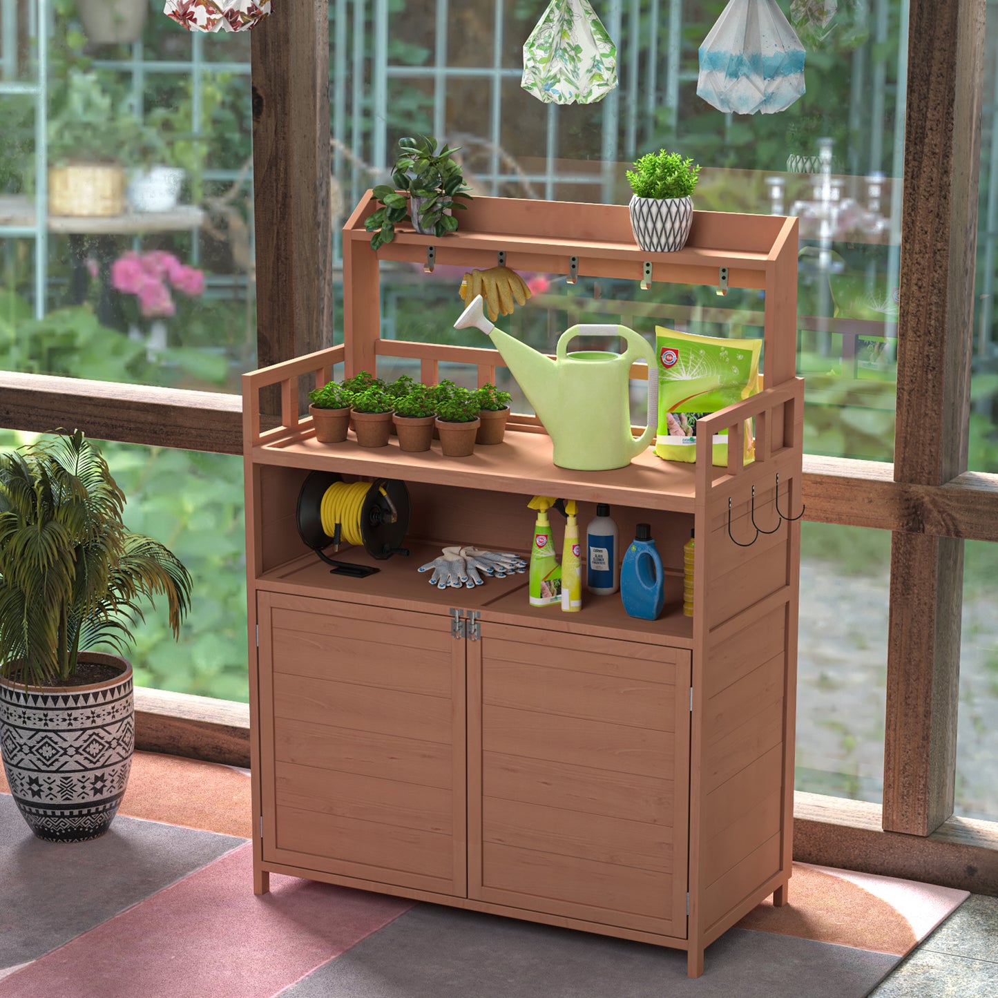 Outdoor gardening workbench with large storage cabinets and a rooftop terrace