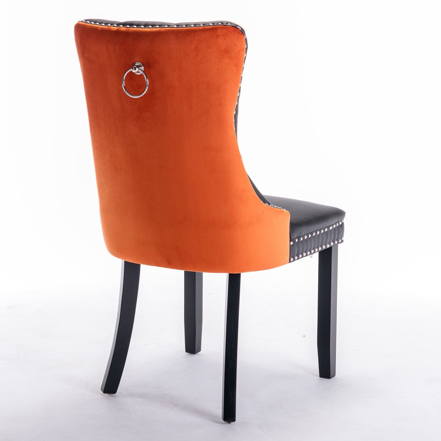 Tufted Solid Wood Contemporary PU and Velvet Upholstered Dining Chair with Wood Legs Nailhead Trim 2-Pcs Set Black+Orange