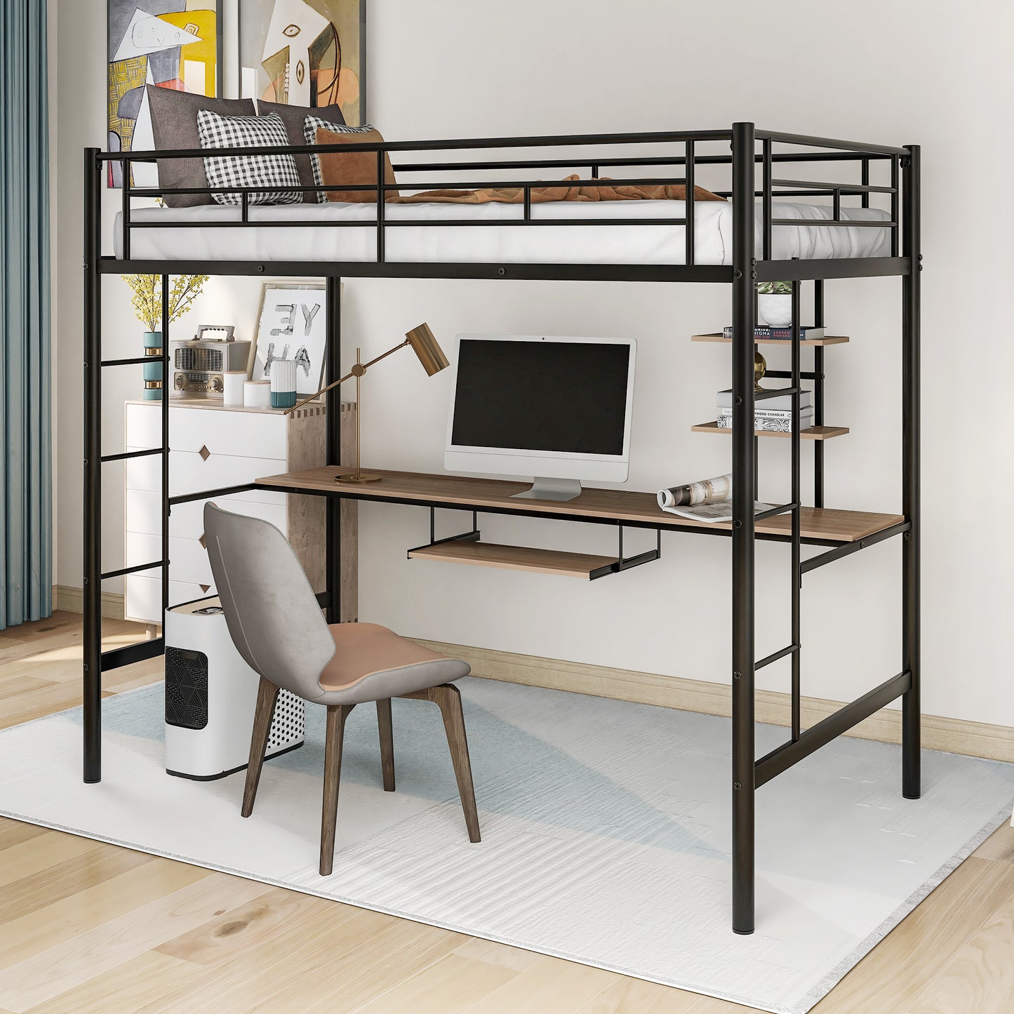 Loft Bed with Desk and Shelf   Space Saving Design Twin