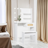 Vanity Desk Set Stool & Dressing Table with LED Lighting Mirror Drawer and Wood Cosmetic Table Chest of Drawers White Color